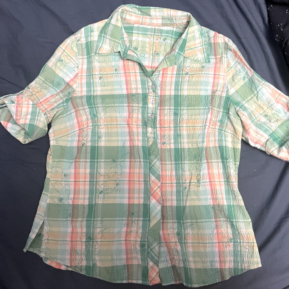 Plaid and Embroidered Button Down Green Top